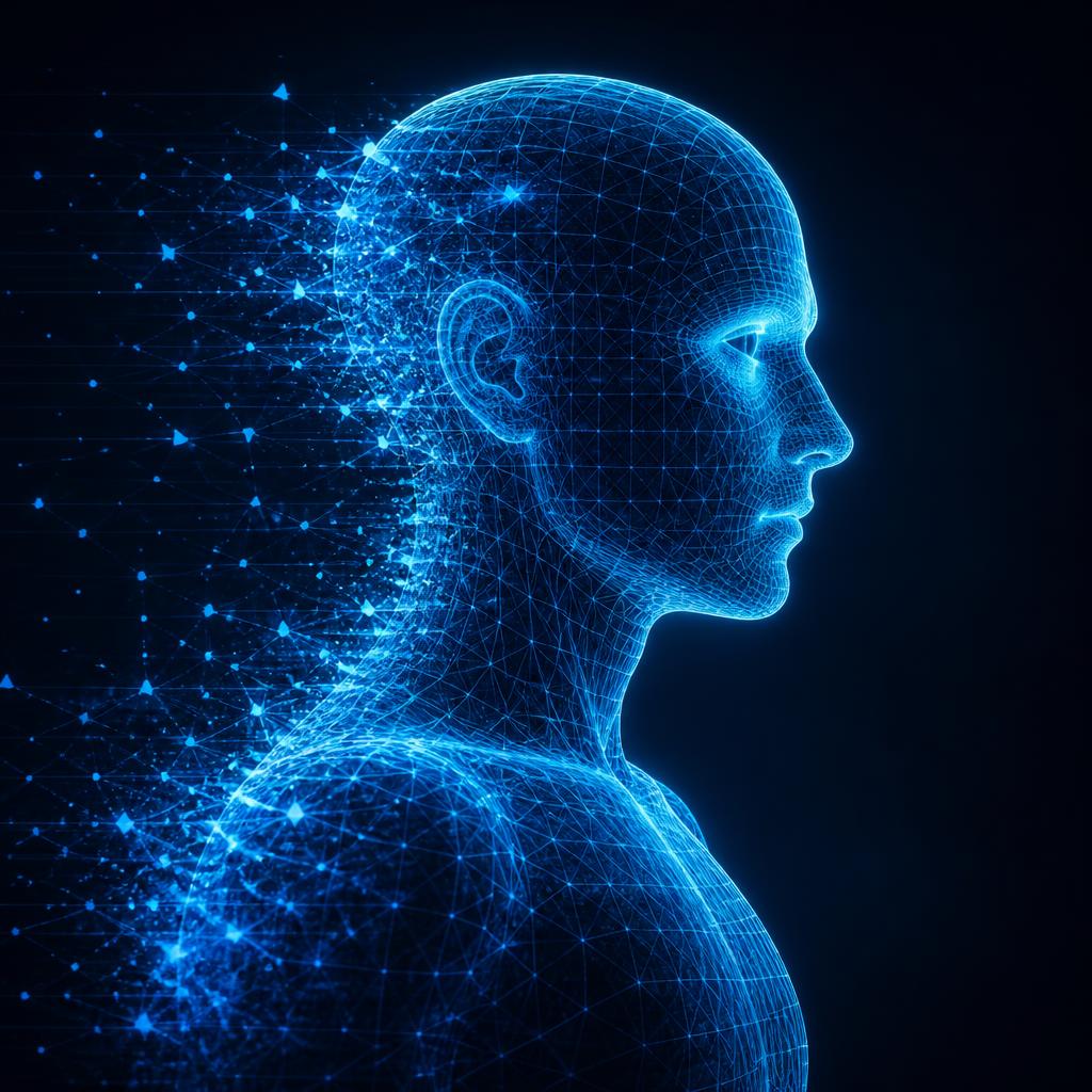 Figura humana holográfica de malla azul escaneada por inteligencia artificial